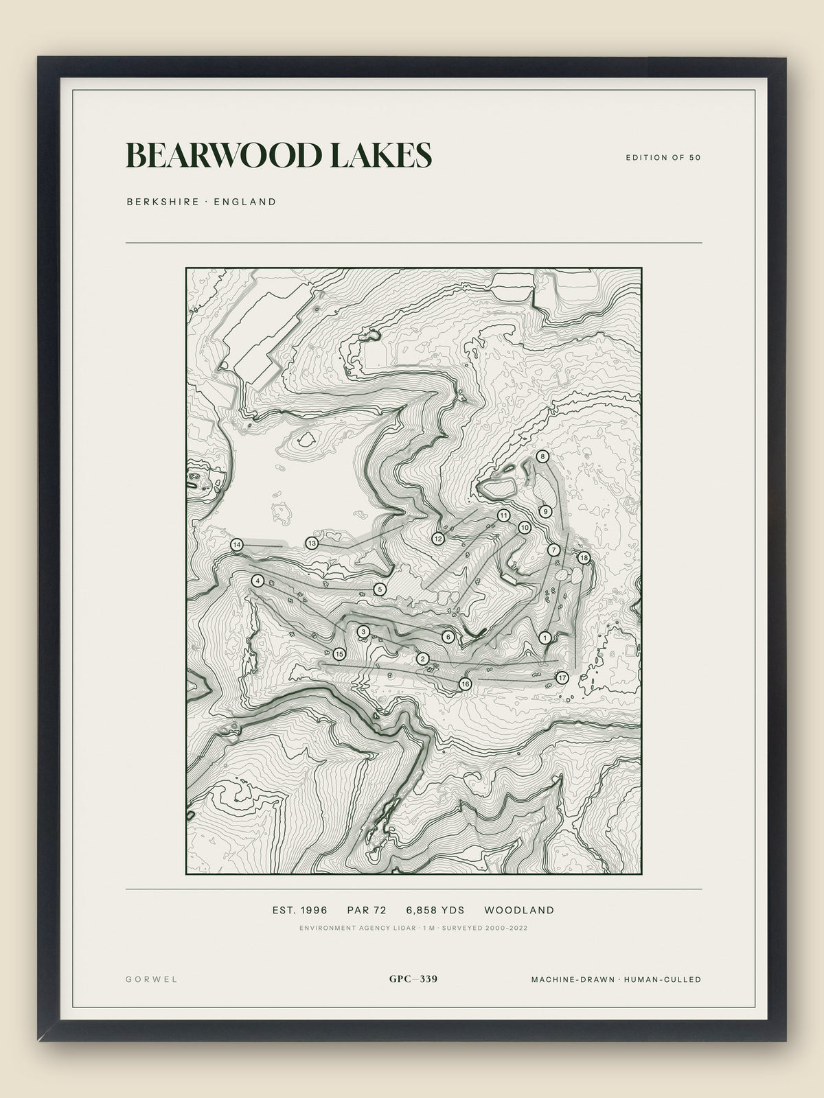 Bearwood Lakes, Berkshire topographic golf course print, framed — Gorwel Print Co