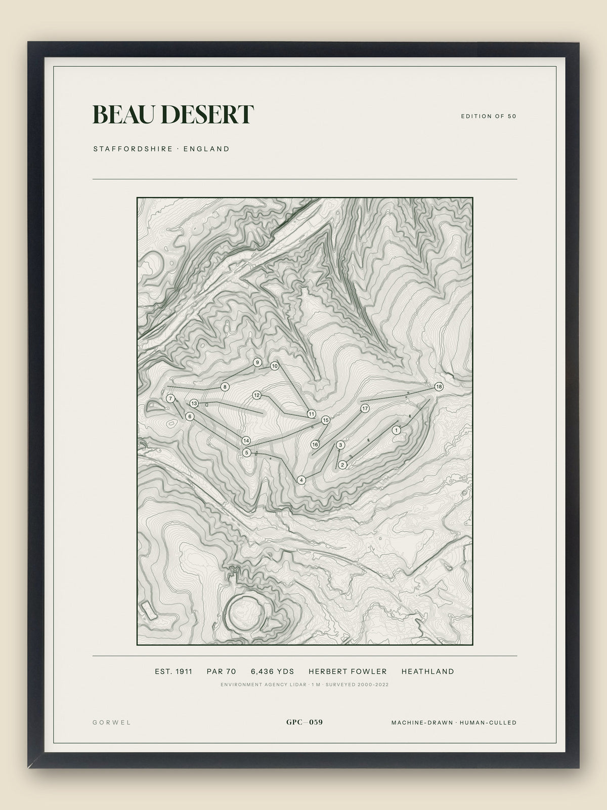 Beau Desert, Staffordshire topographic golf course print, framed — Gorwel Print Co