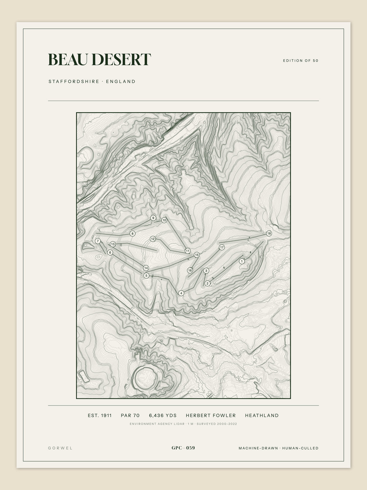 Beau Desert, Staffordshire topographic golf course print