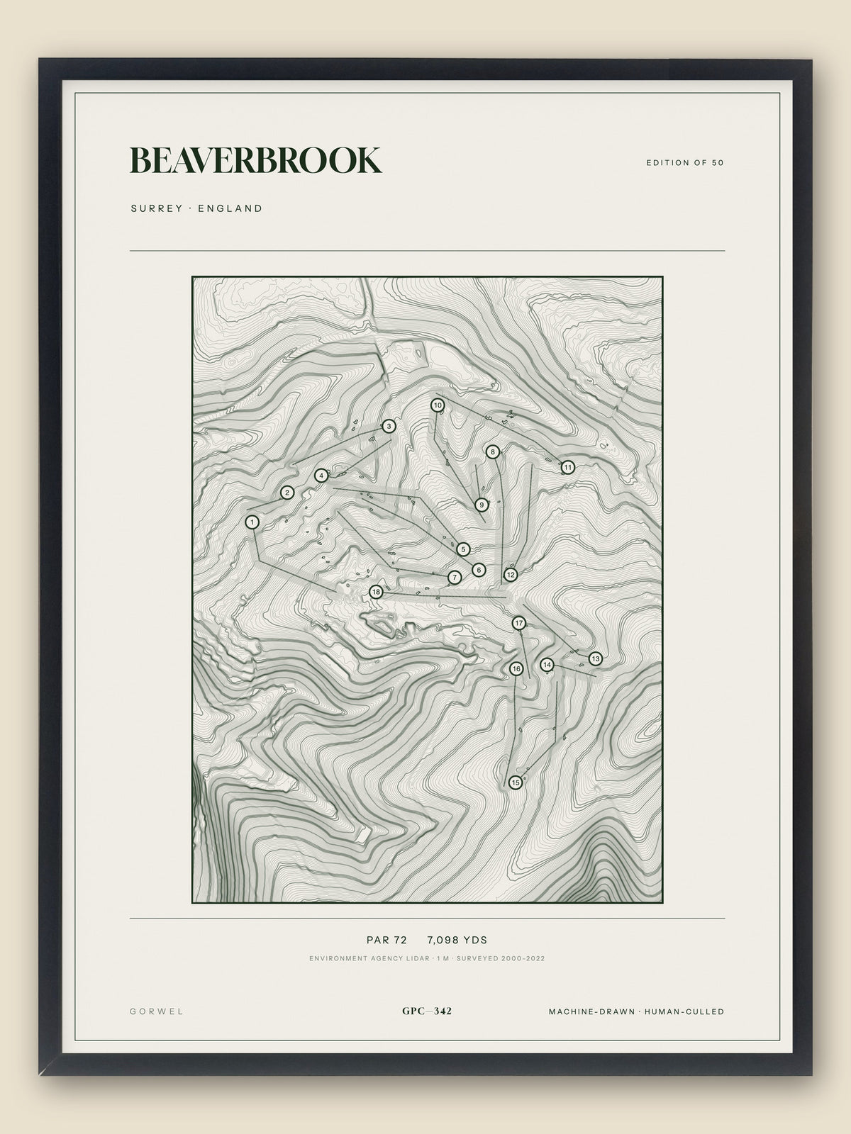 Beaverbrook, Surrey topographic golf course print, framed — Gorwel Print Co