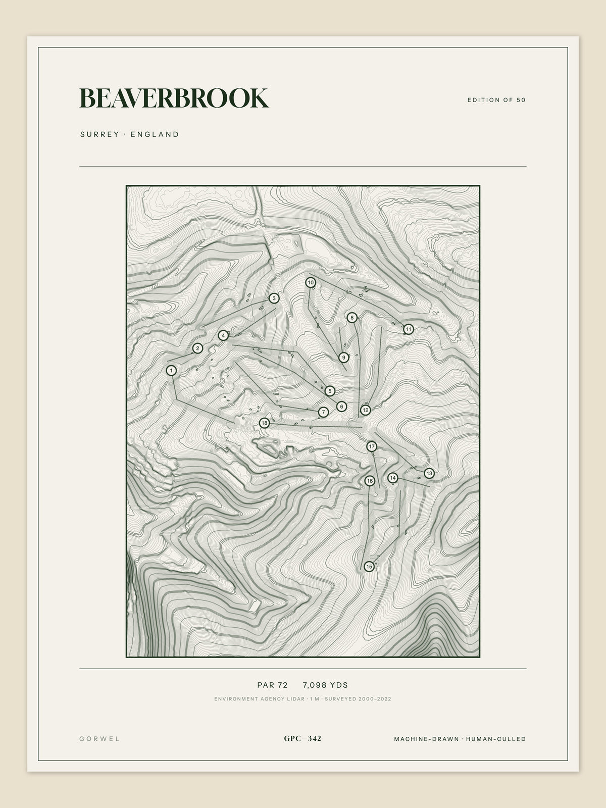 Beaverbrook, Surrey topographic golf course print