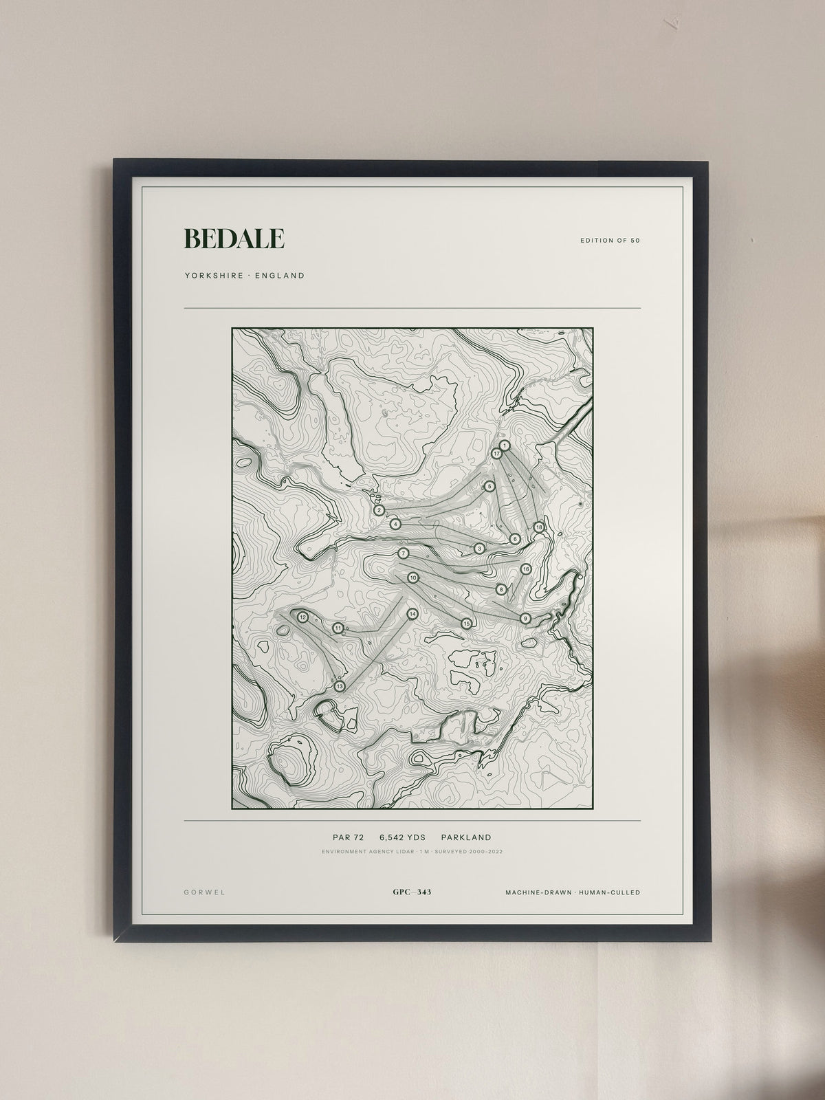 Bedale topographic golf course print — framed on a wall — Gorwel Print Co