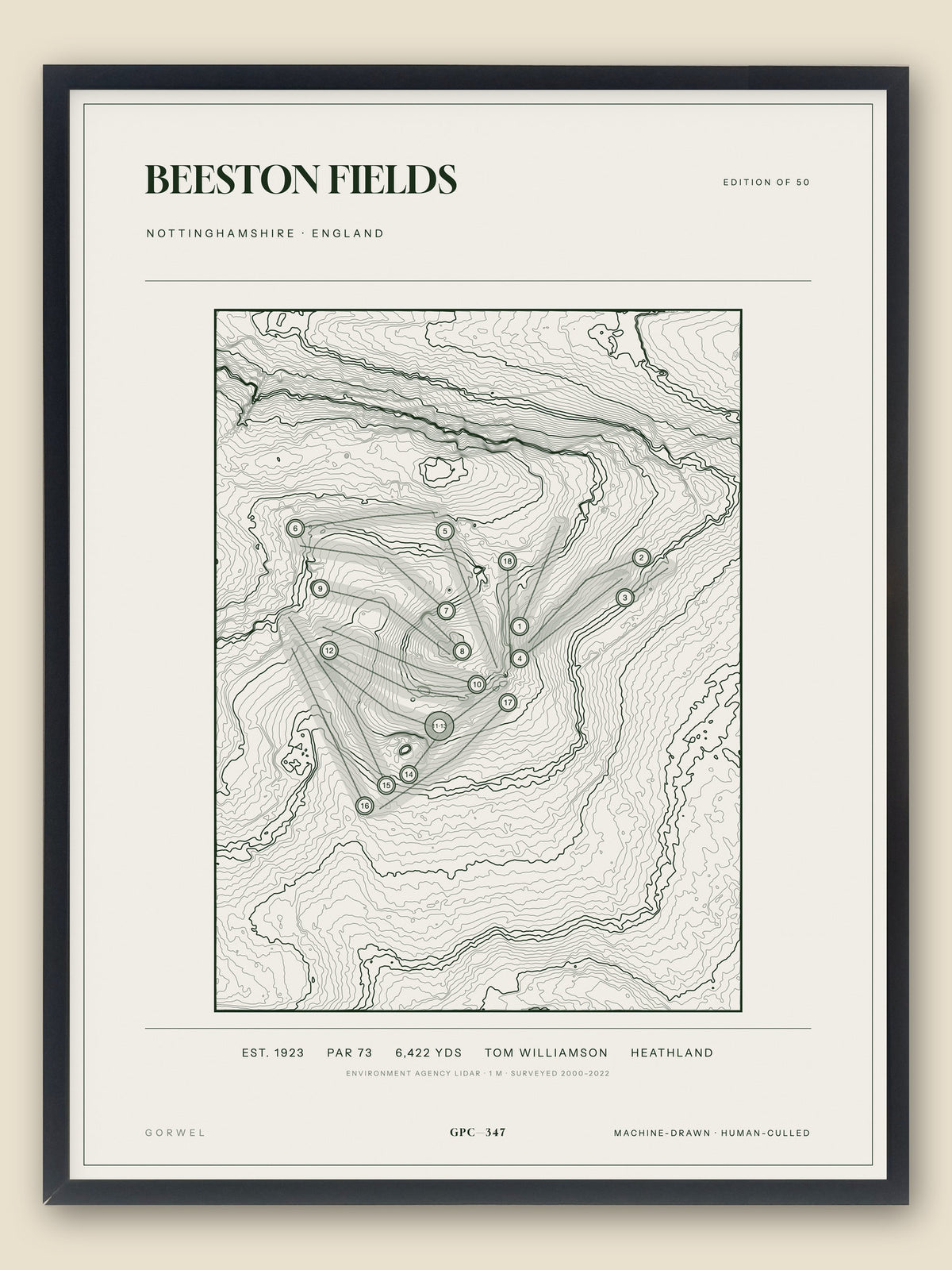 Beeston Fields, Nottinghamshire topographic golf course print, framed — Gorwel Print Co