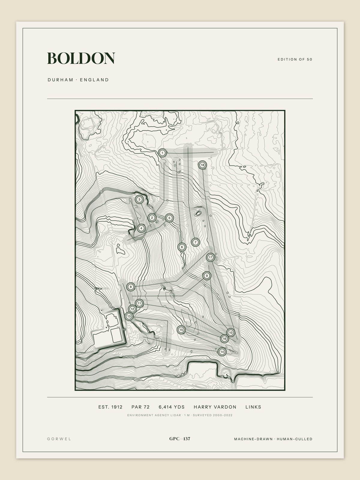 Boldon topographic golf course print — unframed sheet — Gorwel Print Co