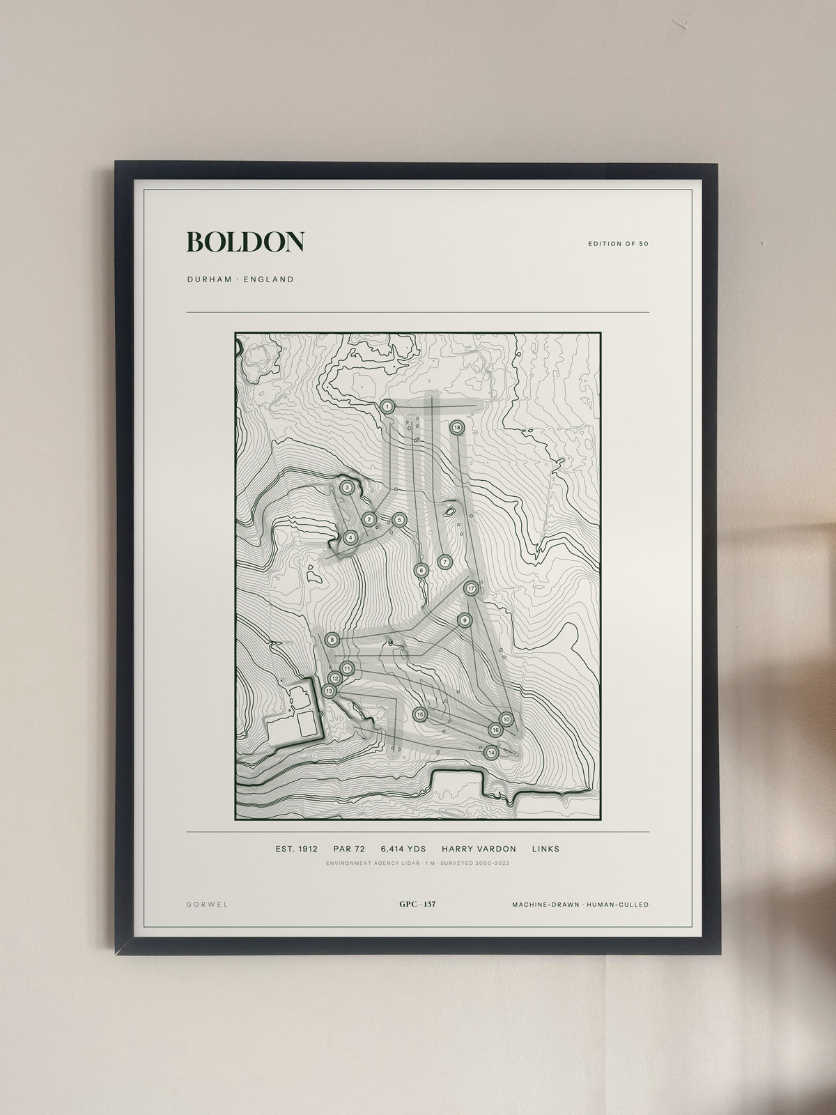 Boldon topographic golf course print — framed on a wall — Gorwel Print Co