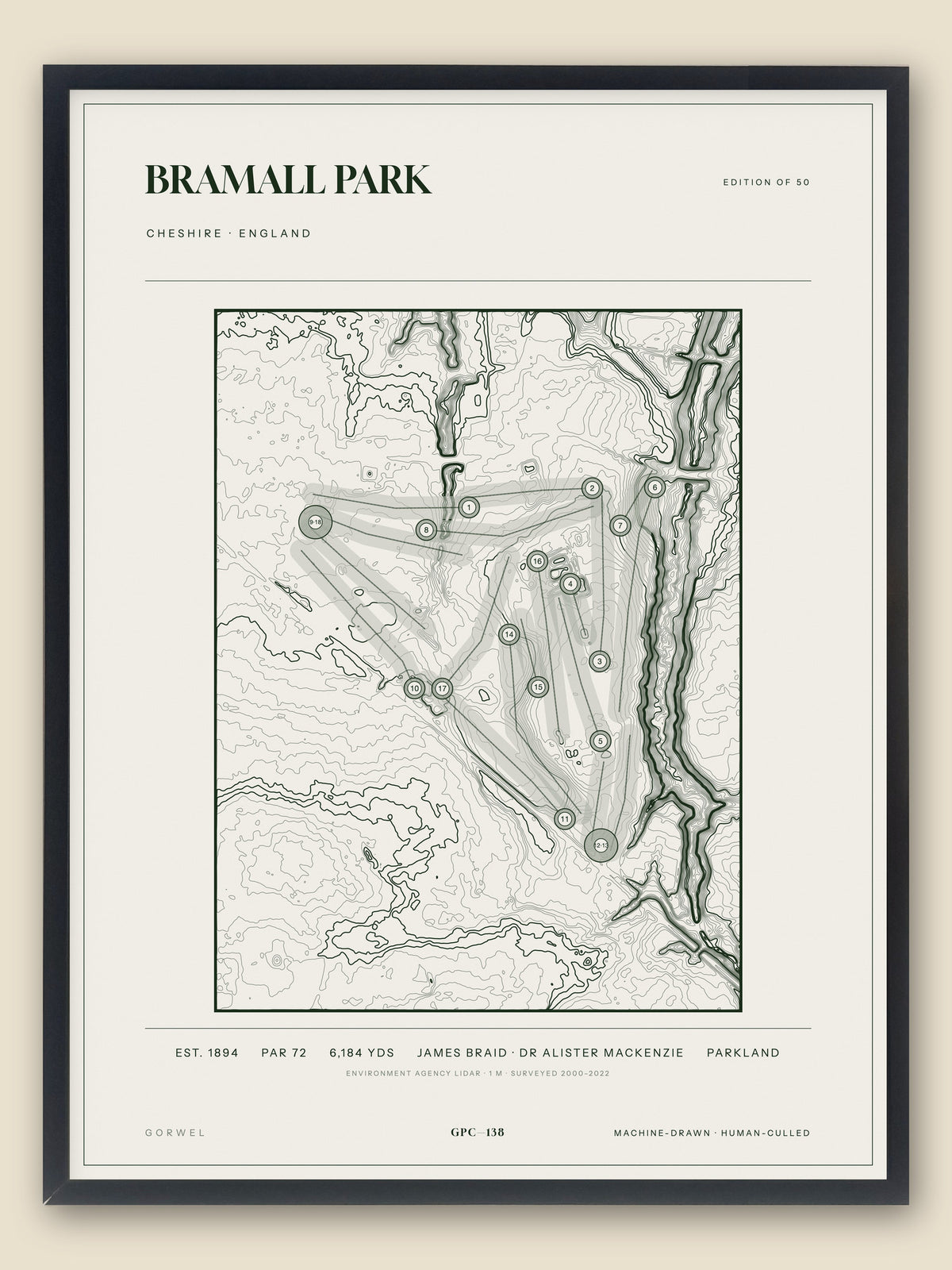 Bramall Park, Cheshire topographic golf course print, framed — Gorwel Print Co