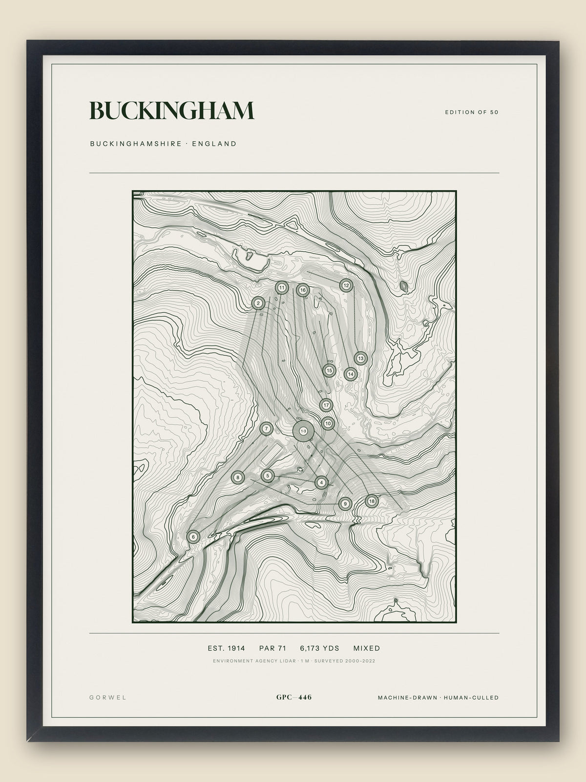 Buckingham, Buckinghamshire topographic golf course print, framed — Gorwel Print Co