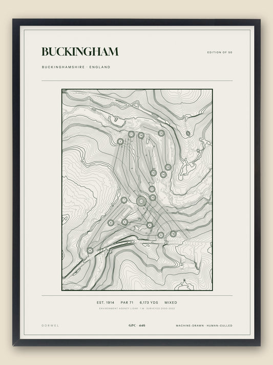 Buckingham, Buckinghamshire topographic golf course print, framed — Gorwel Print Co