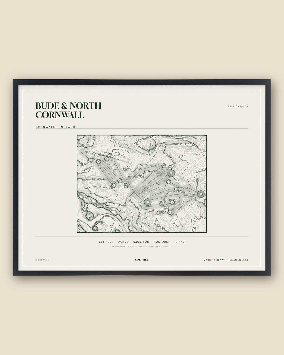 Bude & North Cornwall, Cornwall topographic golf course print, framed — Gorwel Print Co