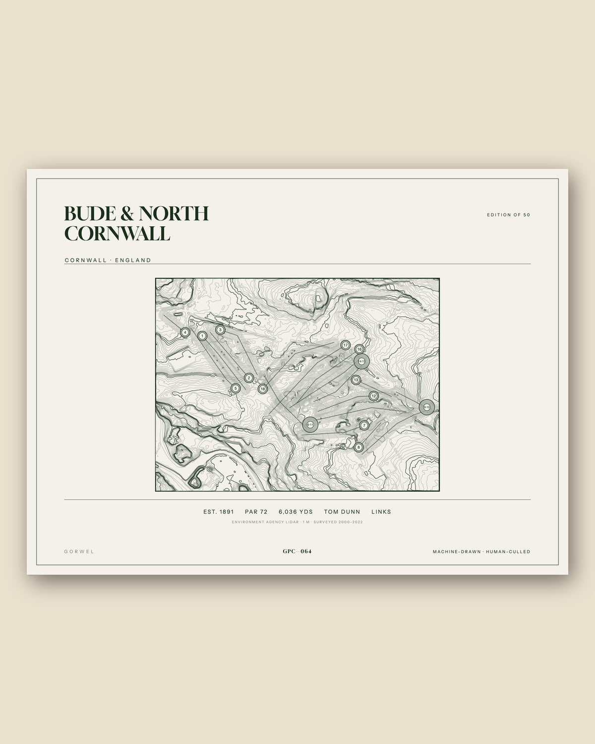 Bude & North Cornwall, Cornwall topographic golf course print