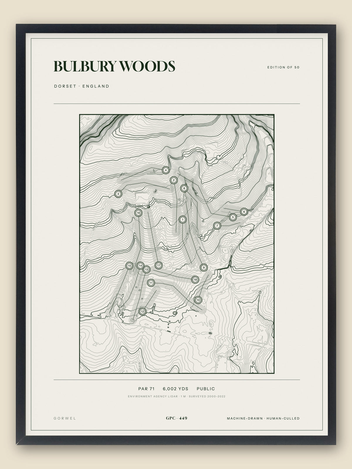Bulbury Woods topographic golf course print — catalogue plate — Gorwel Print Co