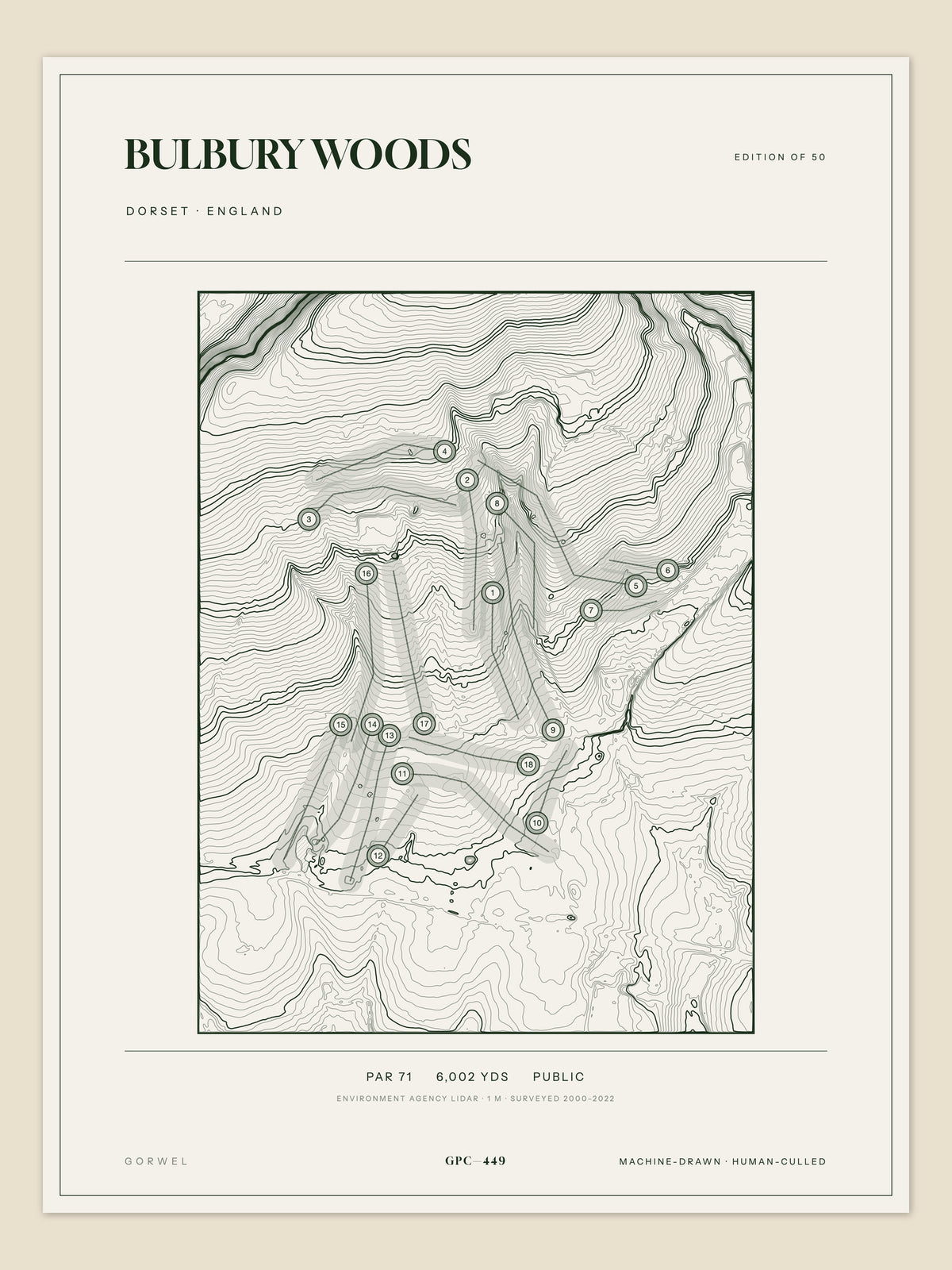 Bulbury Woods topographic golf course print — unframed sheet — Gorwel Print Co