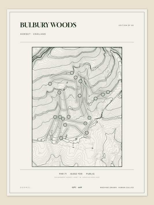 Bulbury Woods topographic golf course print — unframed sheet — Gorwel Print Co