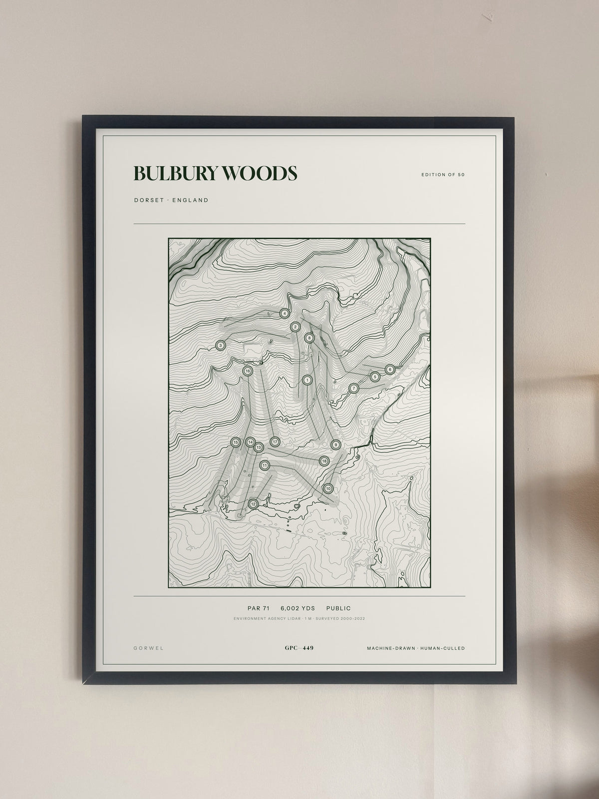 Bulbury Woods topographic golf course print — framed on a wall — Gorwel Print Co
