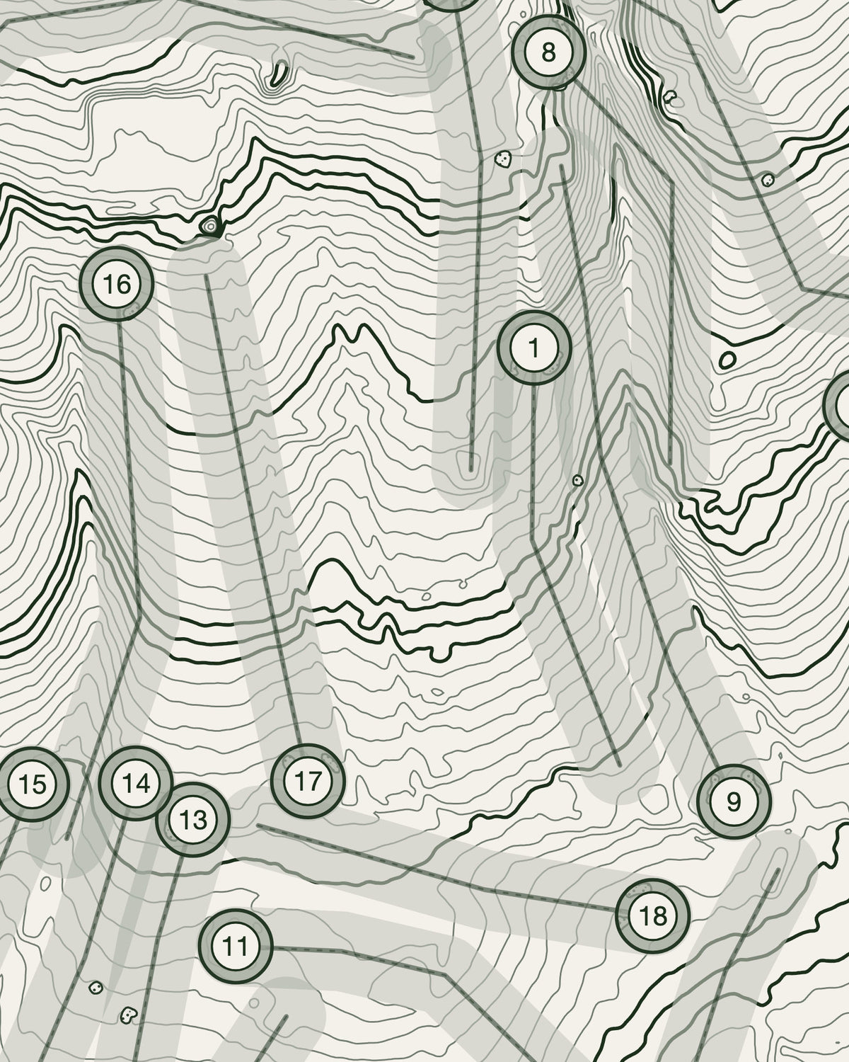 Bulbury Woods topographic golf course print — contour detail — Gorwel Print Co