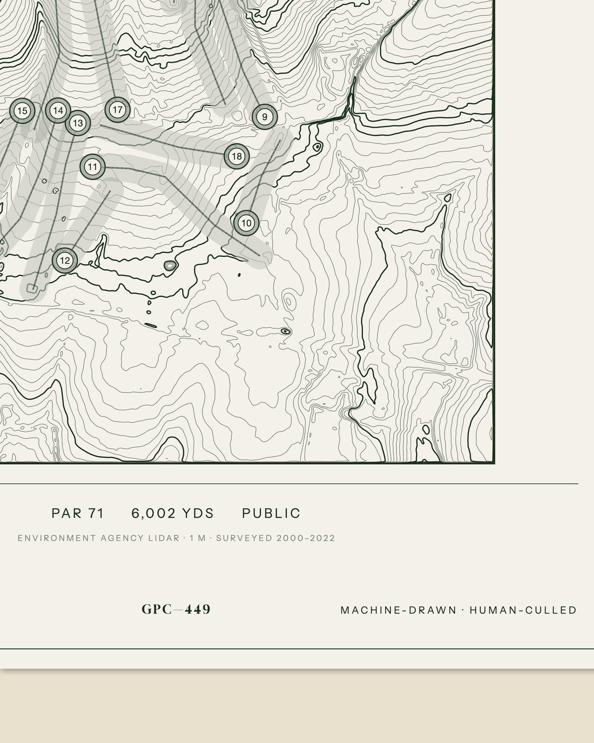 Bulbury Woods topographic golf course print — data strip and edition mark — Gorwel Print Co