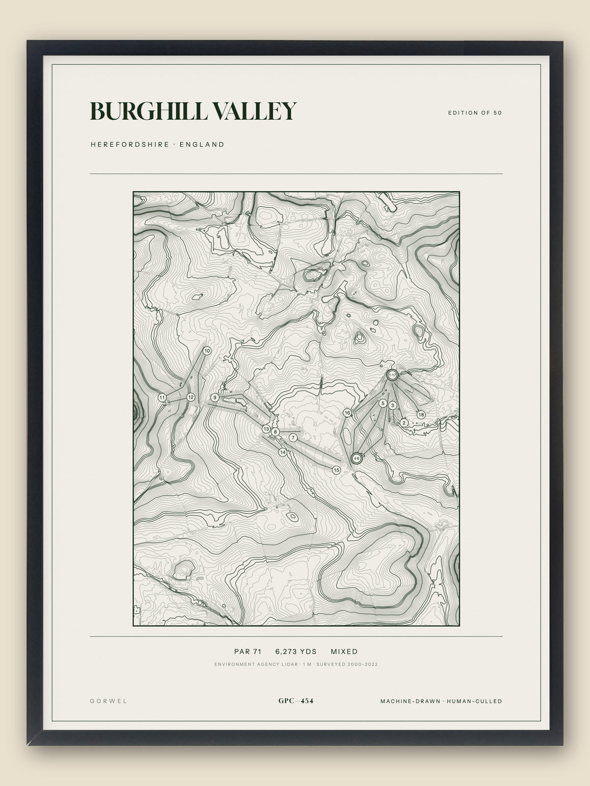 Burghill Valley, Herefordshire topographic golf course print, framed — Gorwel Print Co