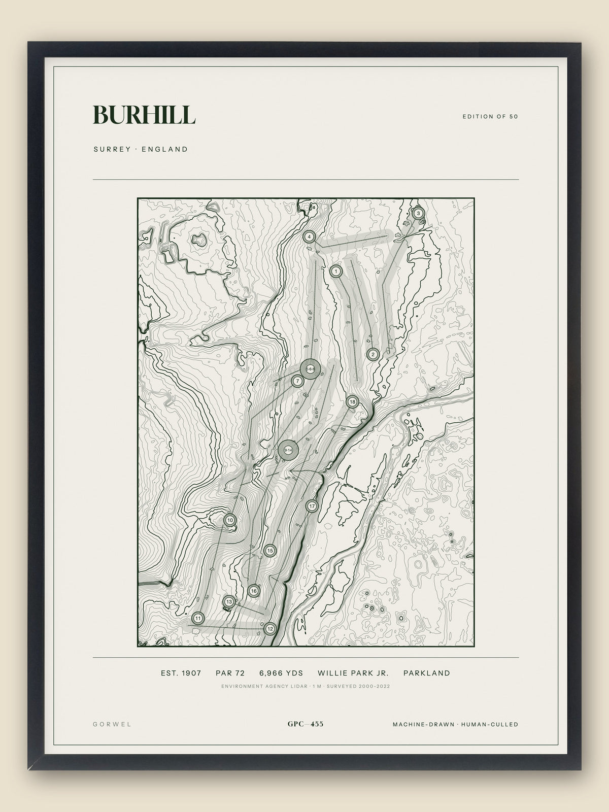 Burhill, Surrey topographic golf course print, framed — Gorwel Print Co
