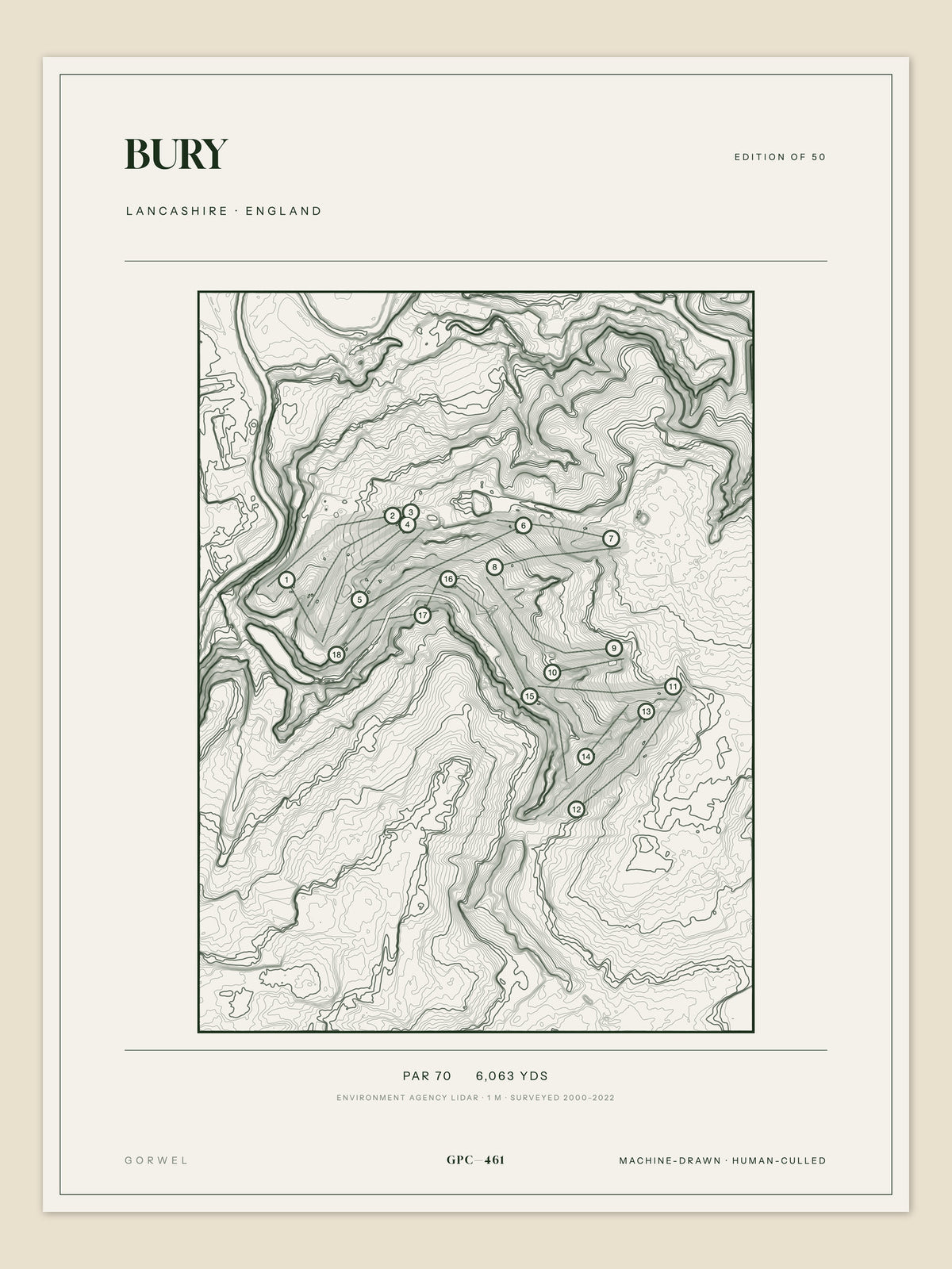 Bury topographic golf course print — unframed sheet — Gorwel Print Co