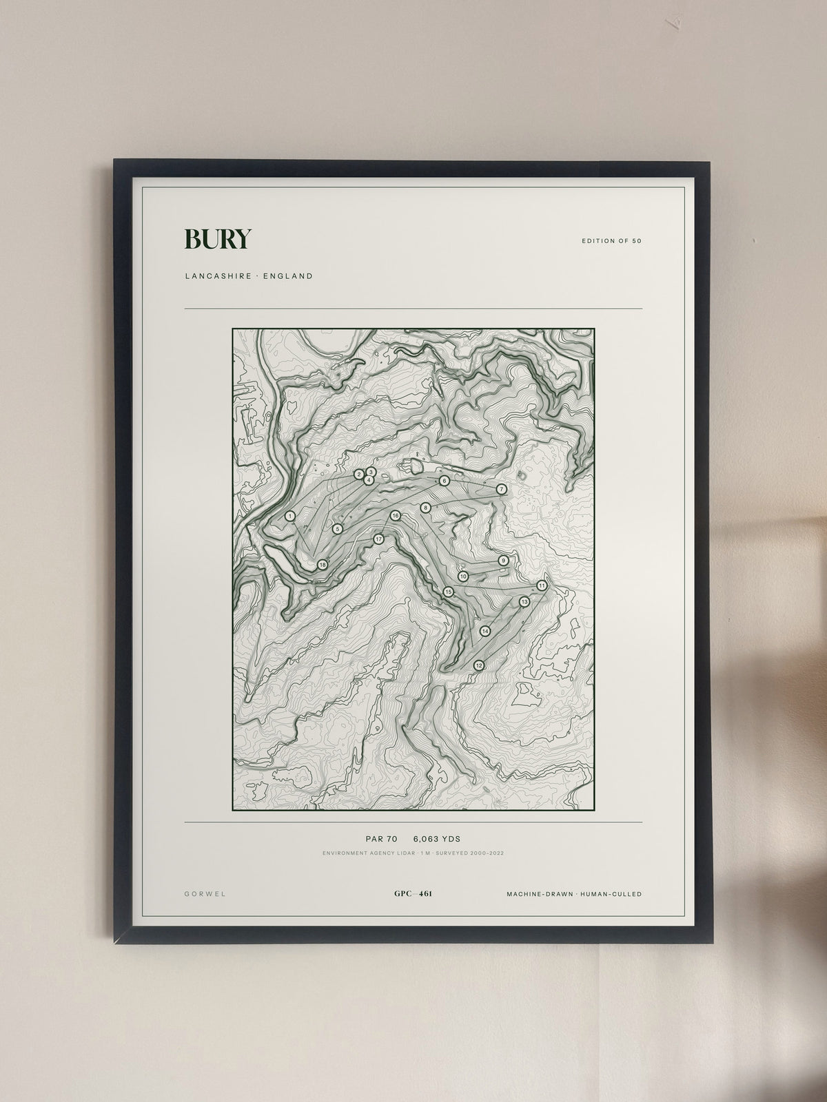 Bury topographic golf course print — framed on a wall — Gorwel Print Co