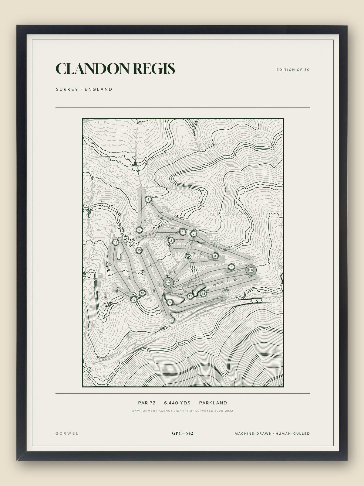 Clandon Regis, Surrey topographic golf course print, framed — Gorwel Print Co