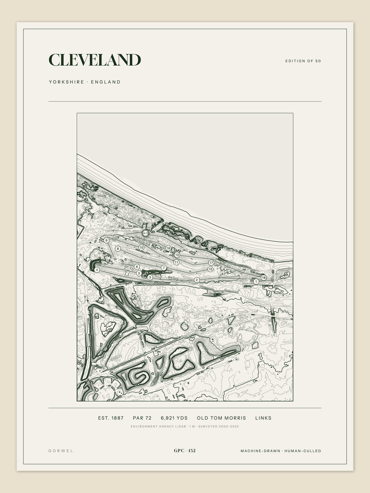 Cleveland, Yorkshire topographic golf course print