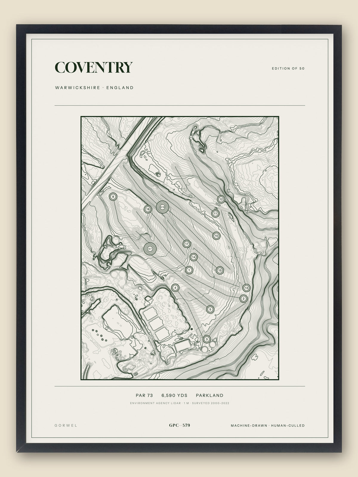 Coventry, Warwickshire topographic golf course print, framed — Gorwel Print Co