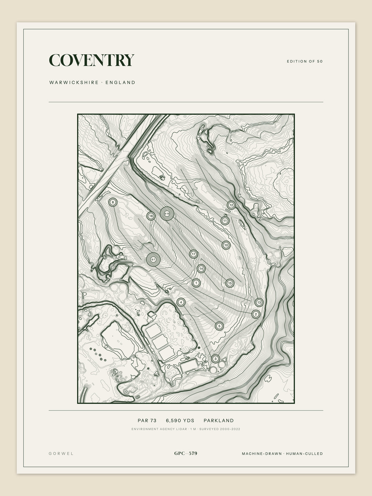 Coventry, Warwickshire topographic golf course print