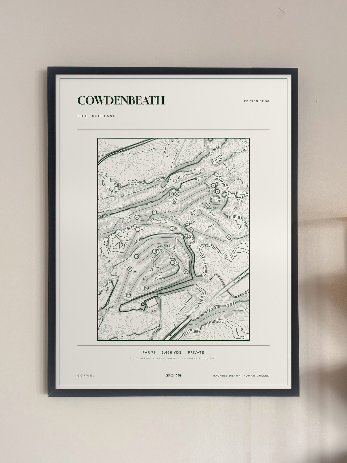 Cowdenbeath topographic golf course print — framed on a wall — Gorwel Print Co