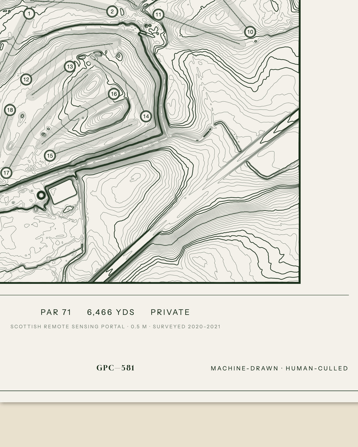 Cowdenbeath topographic golf course print — data strip and edition mark — Gorwel Print Co