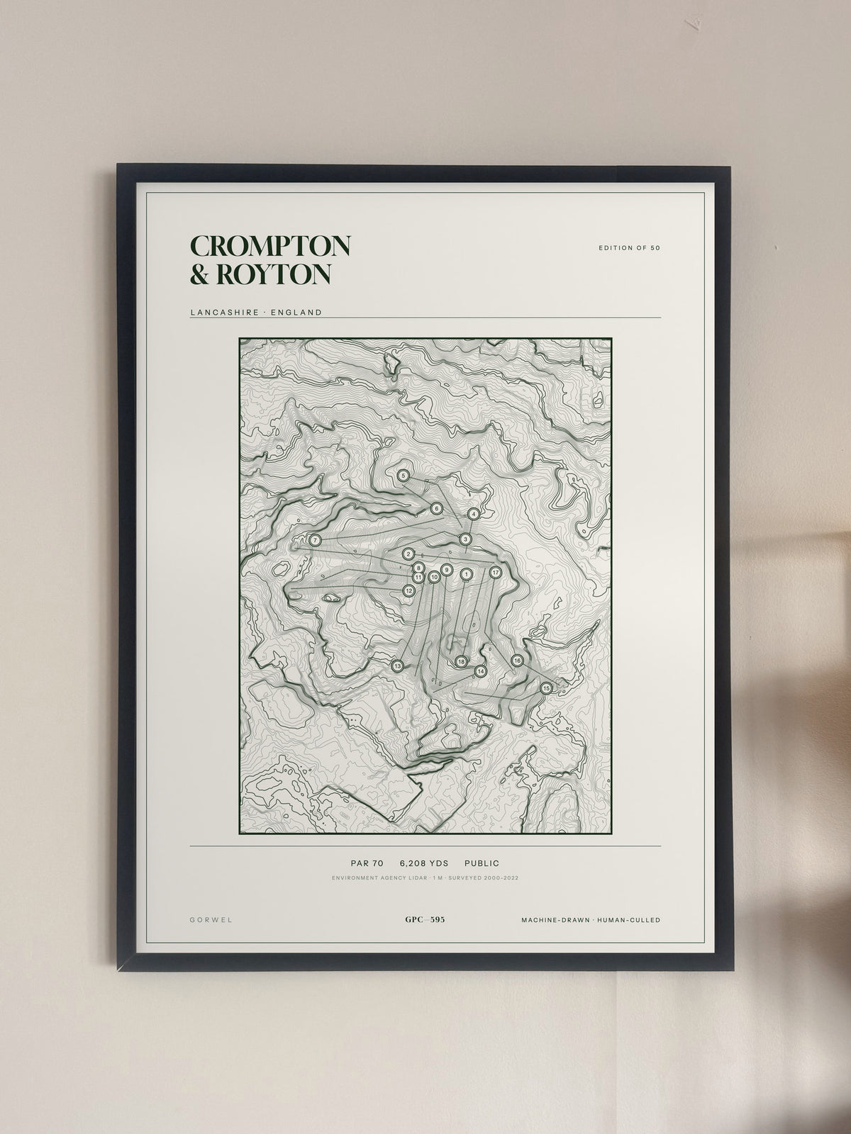 Crompton & Royton topographic golf course print — framed on a wall — Gorwel Print Co