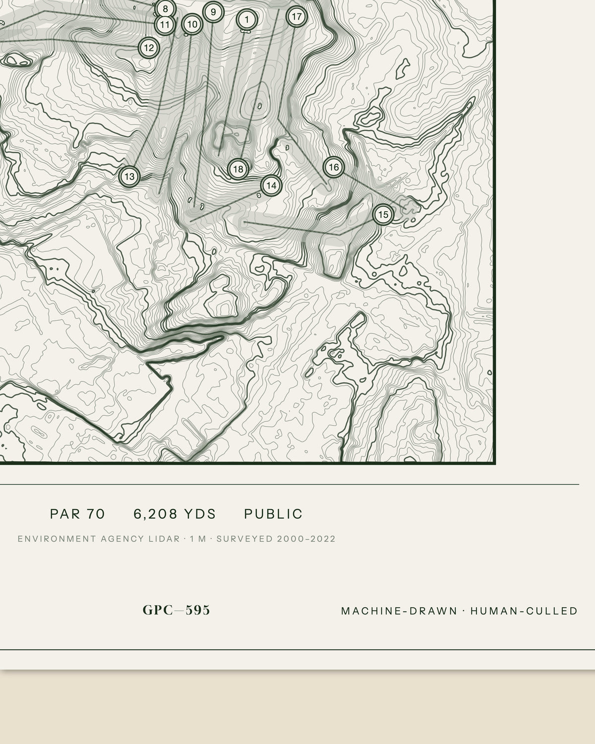 Crompton & Royton topographic golf course print — data strip and edition mark — Gorwel Print Co