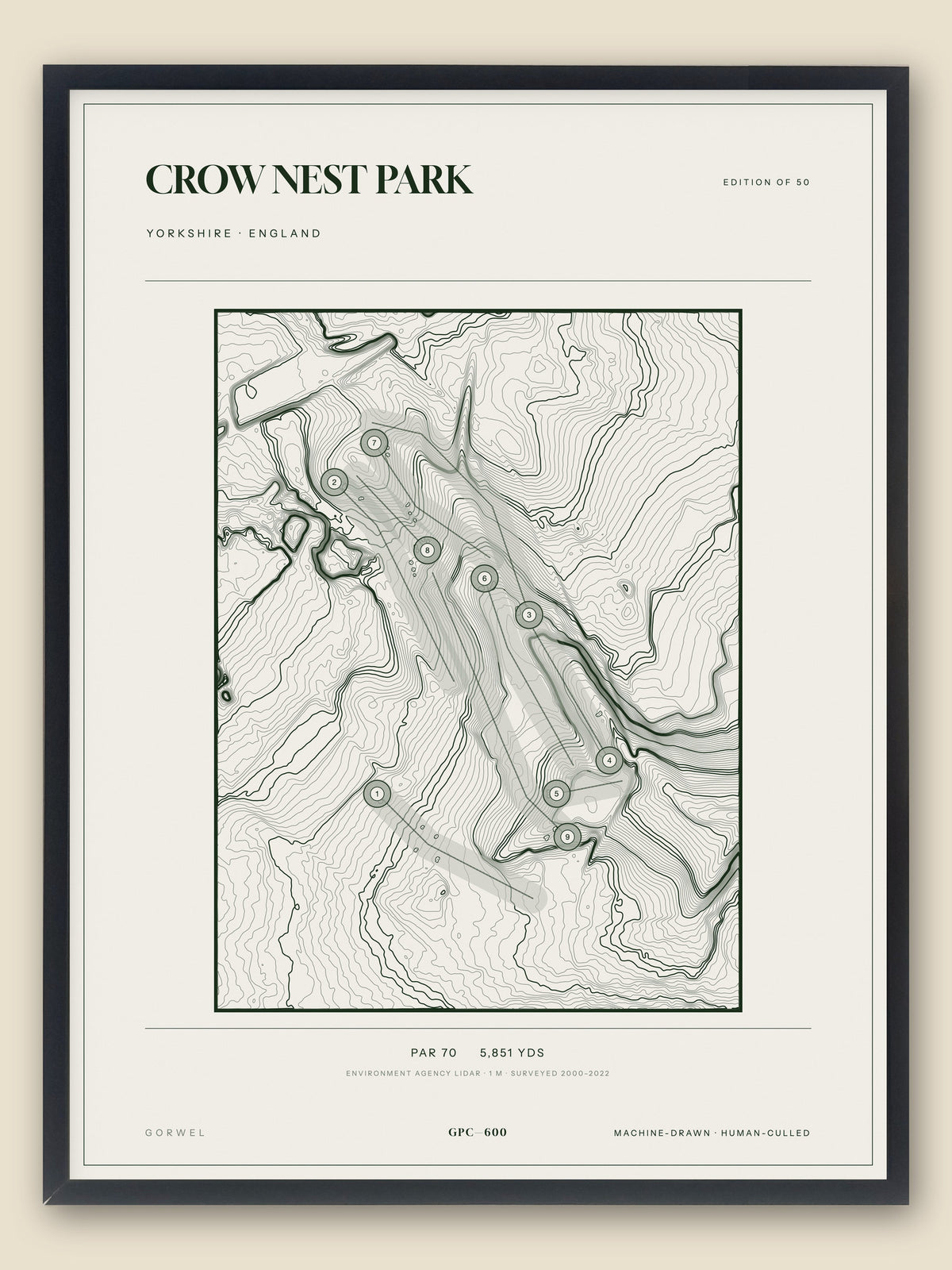 Crow Nest Park, Yorkshire topographic golf course print, framed — Gorwel Print Co