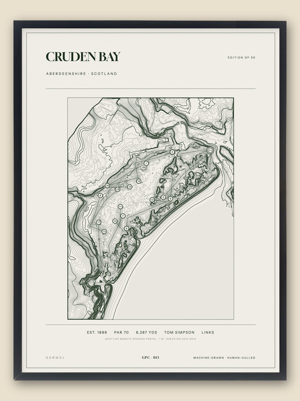 Cruden Bay, Aberdeenshire topographic golf course print, framed — Gorwel Print Co