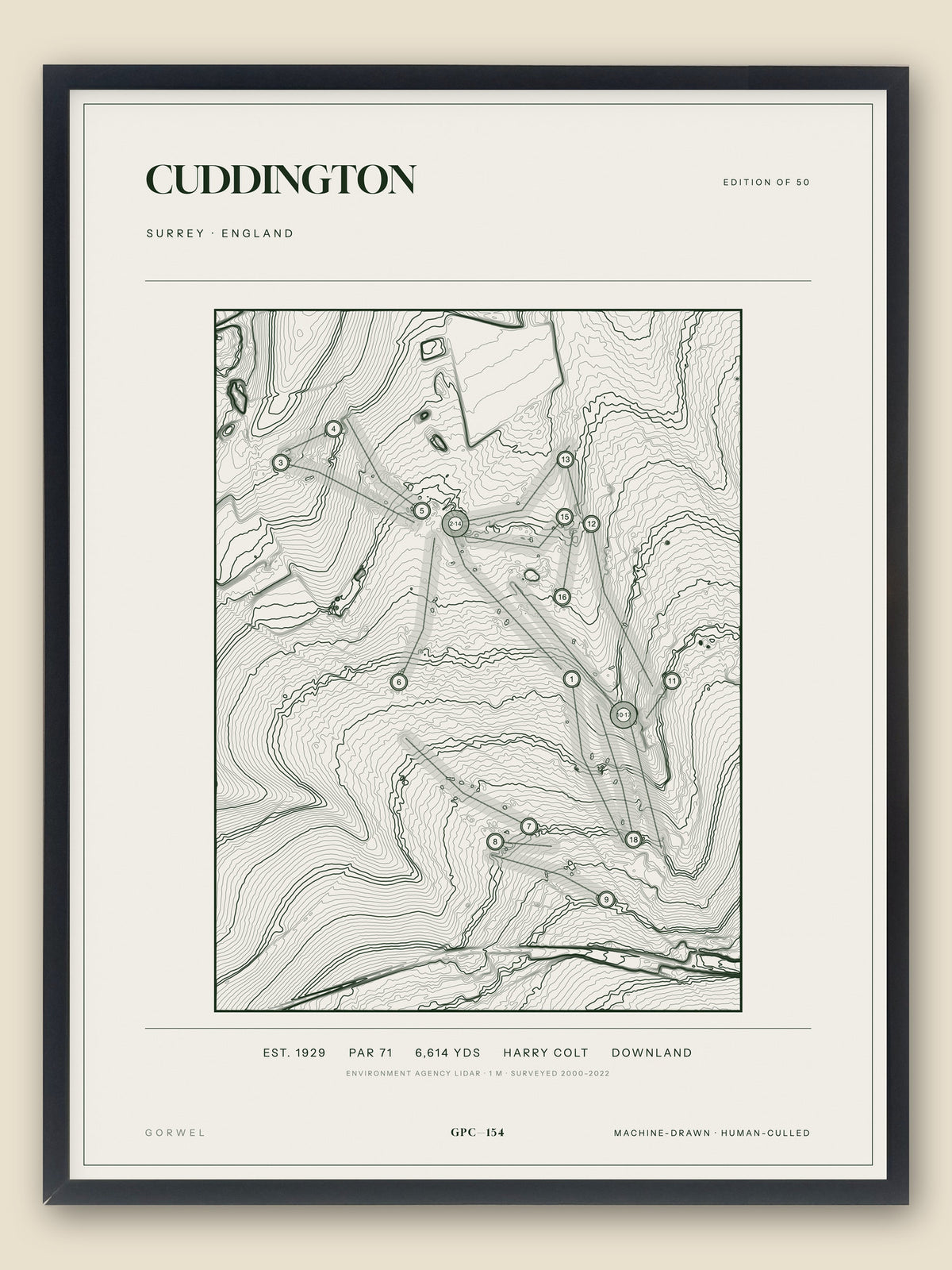 Cuddington, Surrey topographic golf course print, framed — Gorwel Print Co