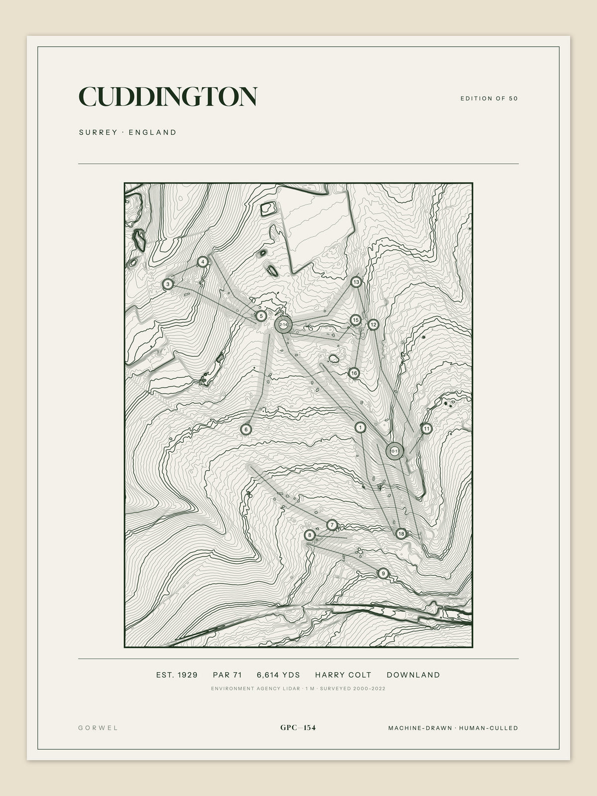 Cuddington, Surrey topographic golf course print