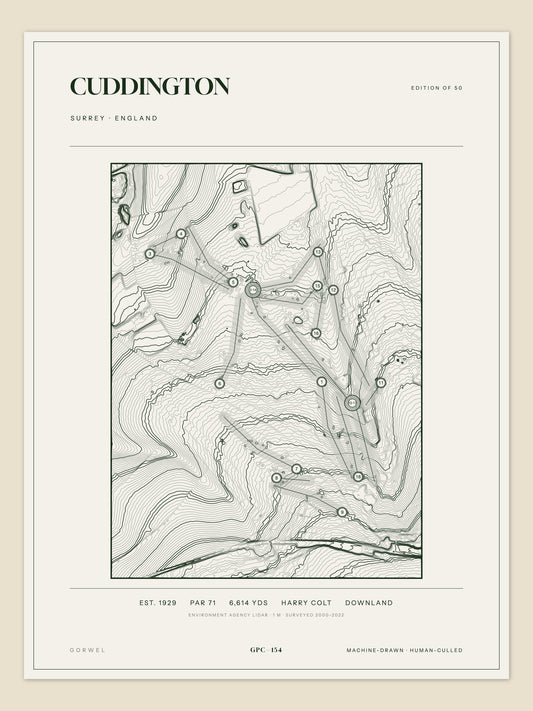 Cuddington, Surrey topographic golf course print
