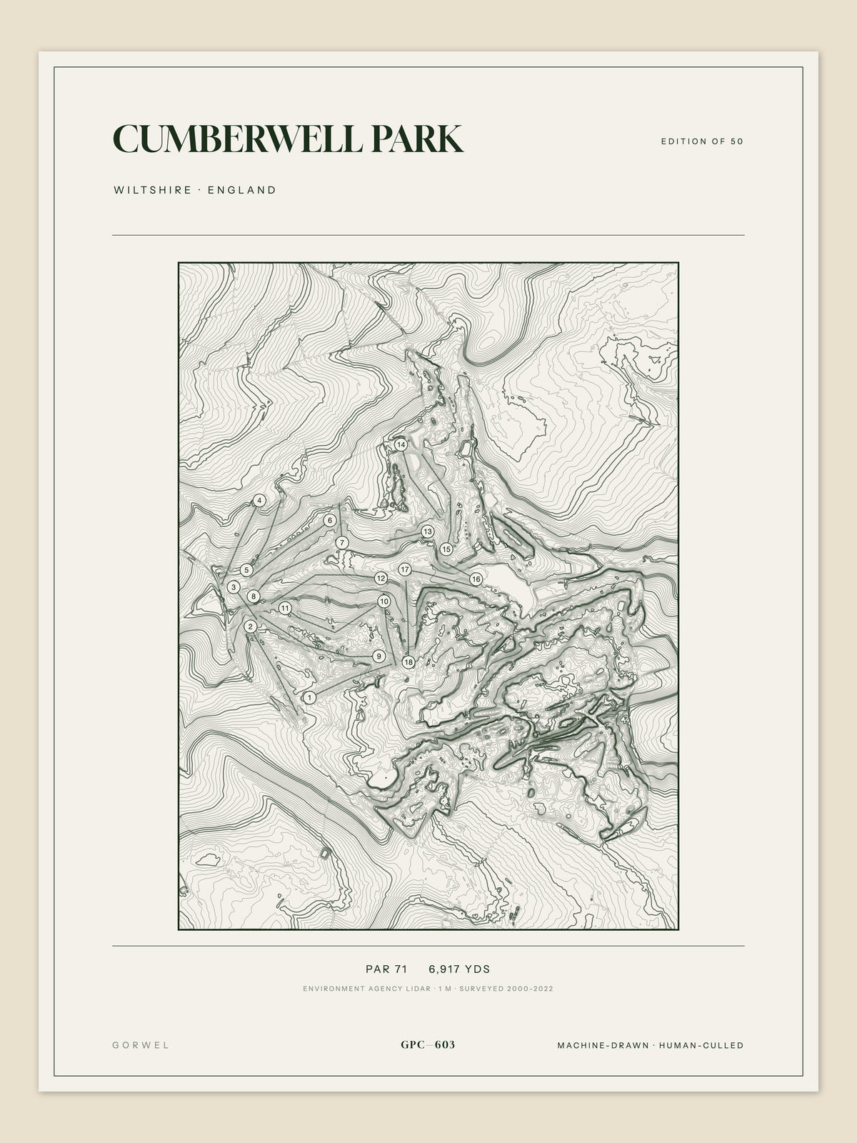 Cumberwell Park topographic golf course print — unframed sheet — Gorwel Print Co