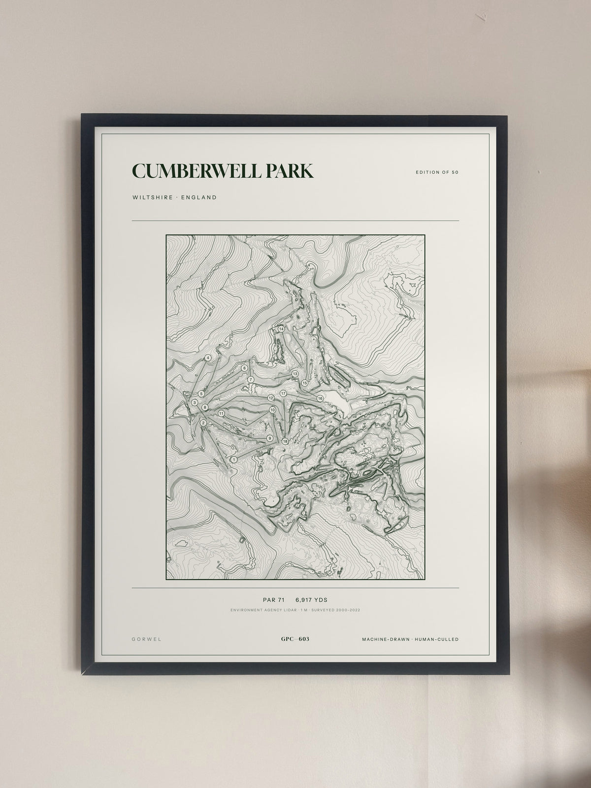 Cumberwell Park topographic golf course print — framed on a wall — Gorwel Print Co