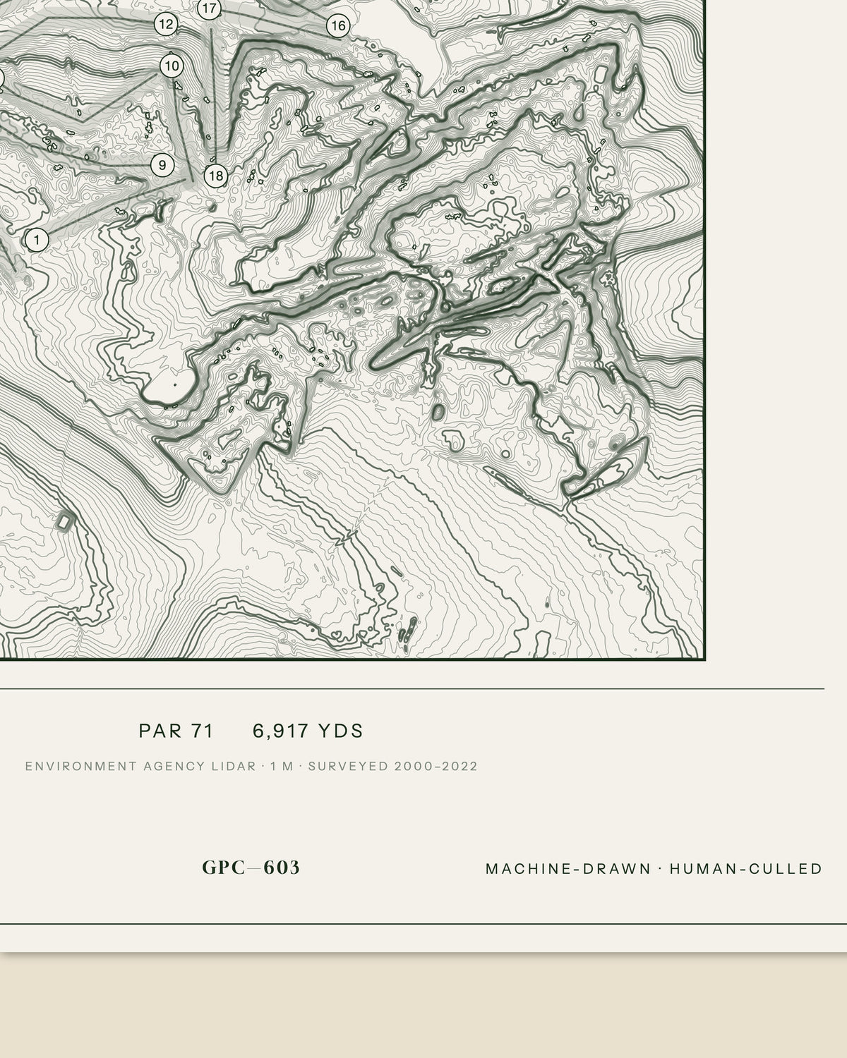 Cumberwell Park topographic golf course print — data strip and edition mark — Gorwel Print Co