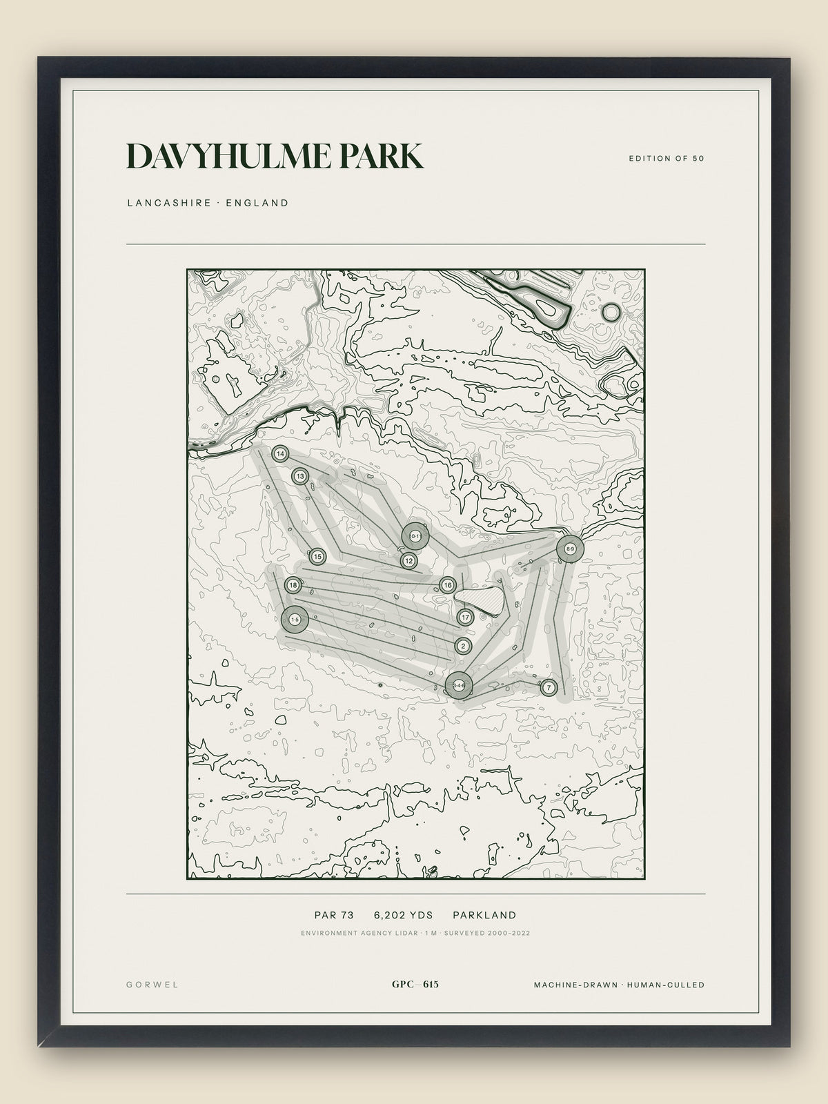 Davyhulme Park, Lancashire topographic golf course print, framed — Gorwel Print Co