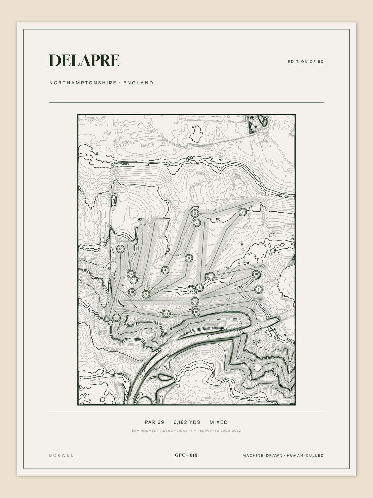 Delapre topographic golf course print — unframed sheet — Gorwel Print Co