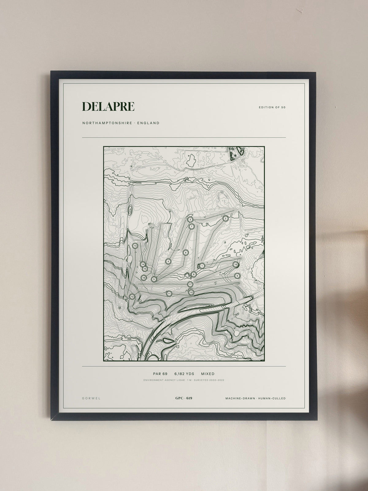 Delapre topographic golf course print — framed on a wall — Gorwel Print Co