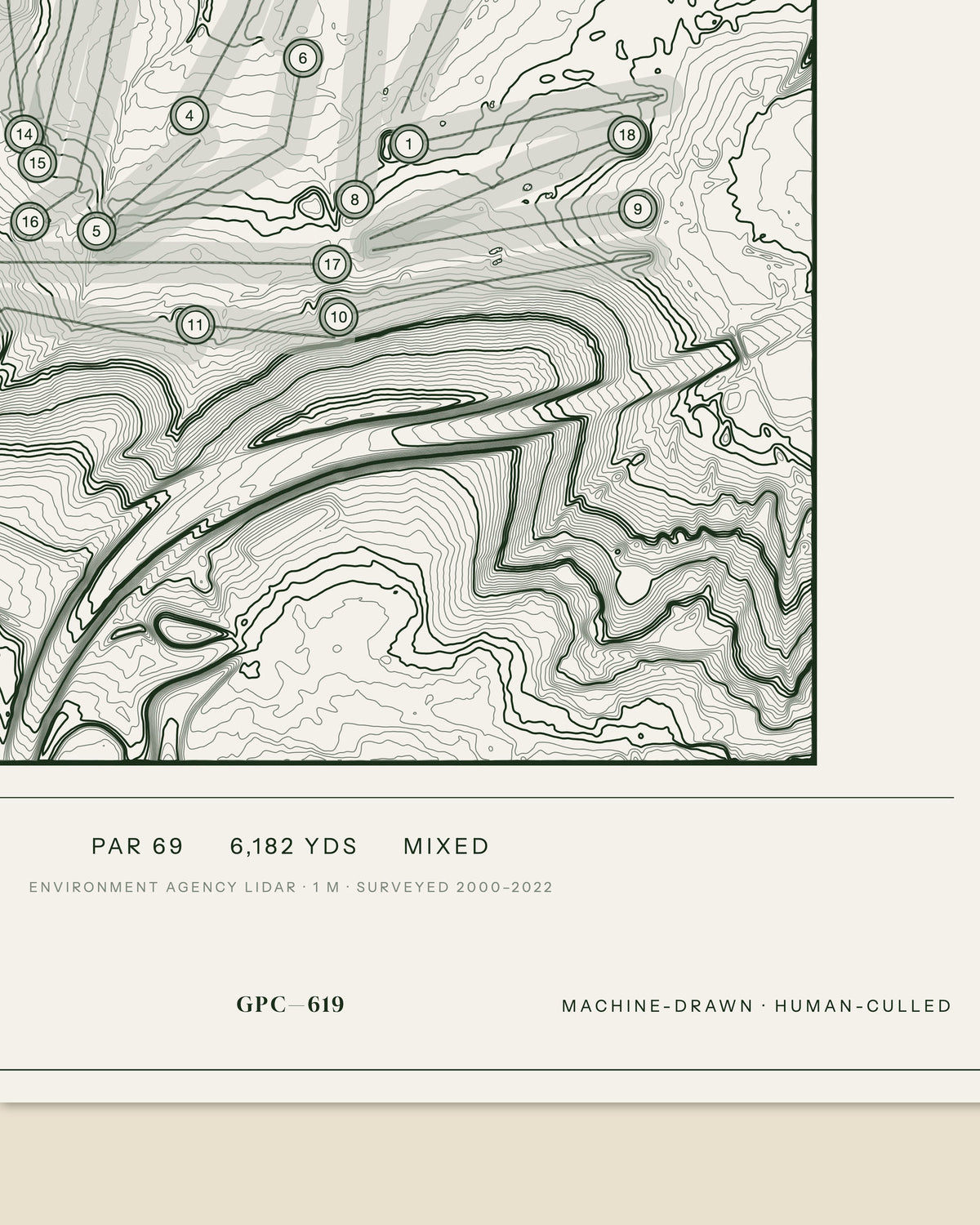 Delapre topographic golf course print — data strip and edition mark — Gorwel Print Co