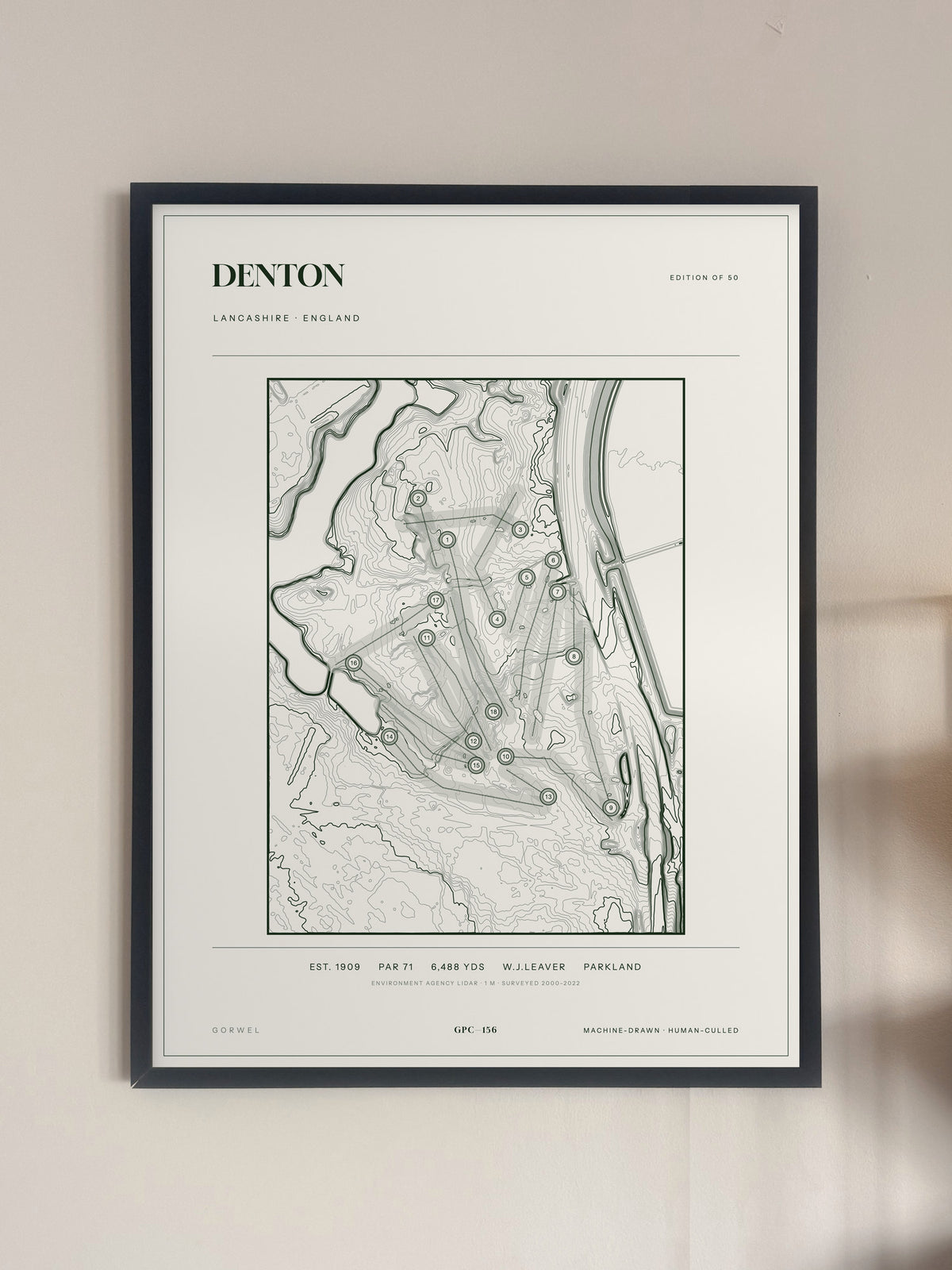 Denton topographic golf course print — framed on a wall — Gorwel Print Co