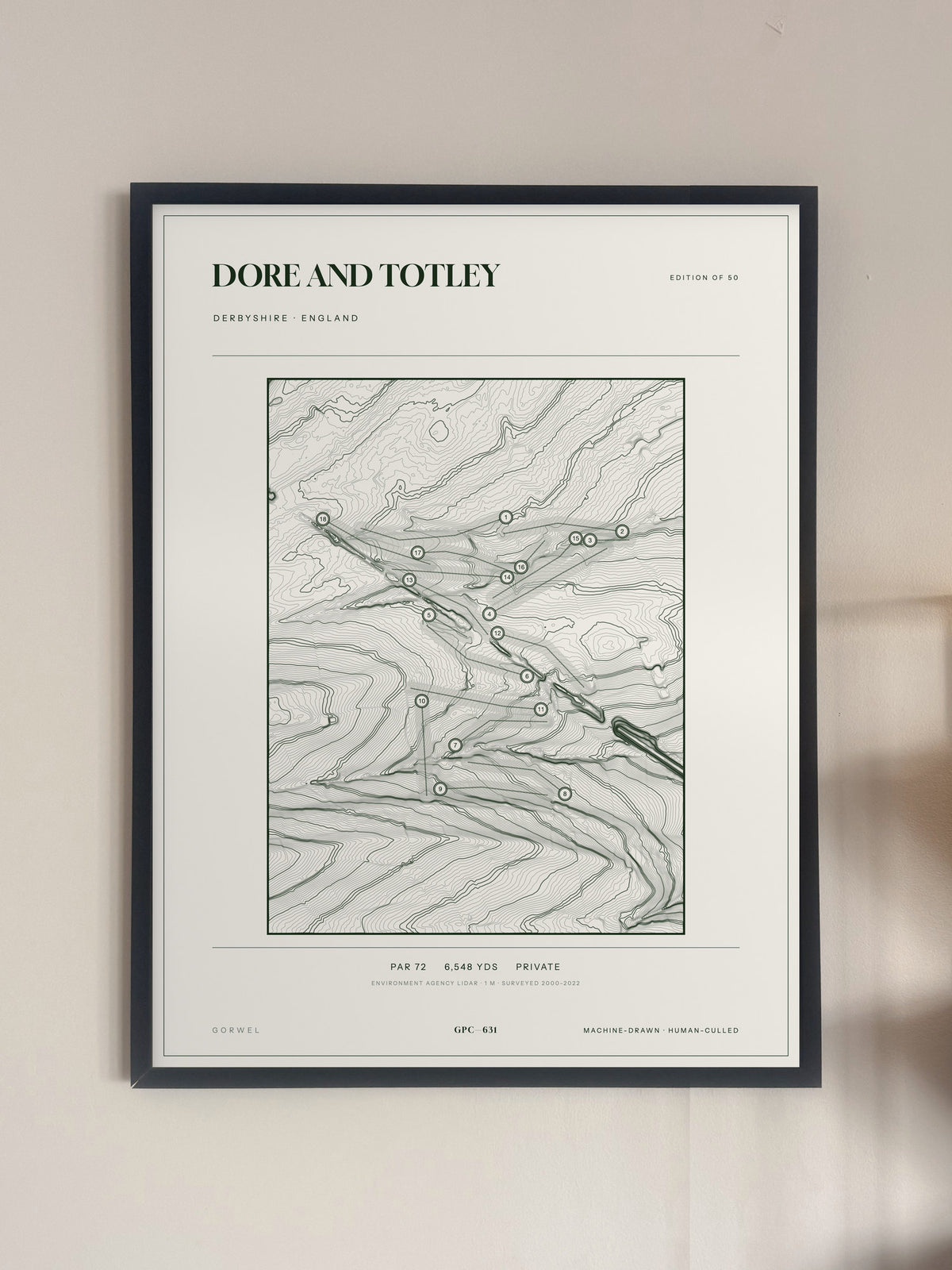 Dore and Totley topographic golf course print — framed on a wall — Gorwel Print Co