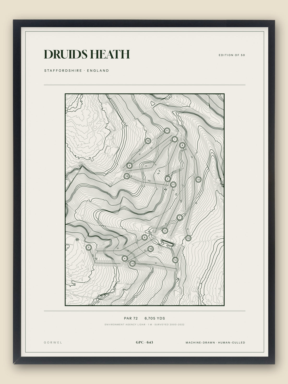 Druids Heath, Staffordshire topographic golf course print, framed — Gorwel Print Co