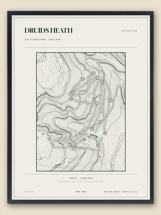 Druids Heath, Staffordshire topographic golf course print, framed — Gorwel Print Co