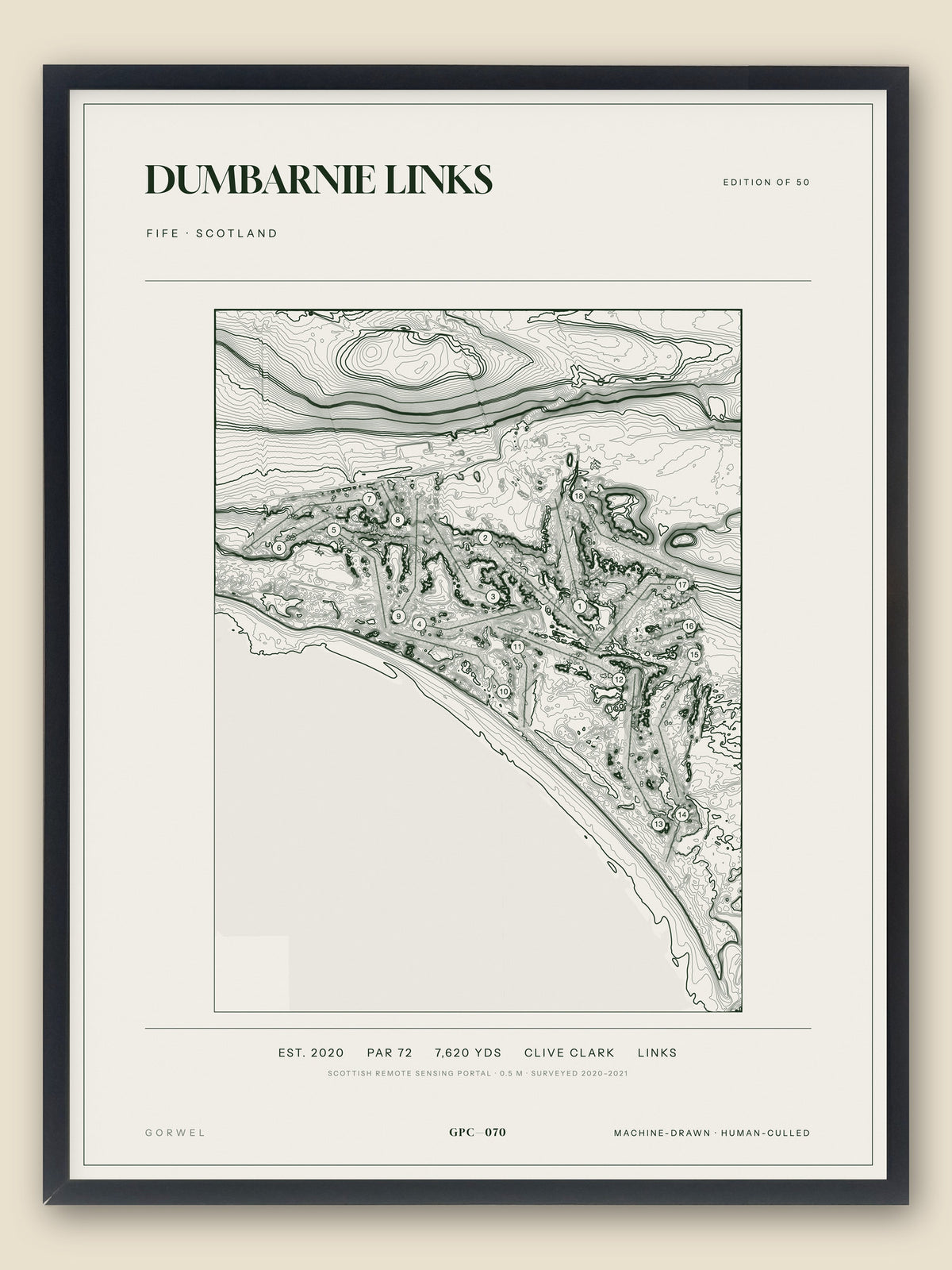 Dumbarnie Links topographic golf course print — catalogue plate — Gorwel Print Co