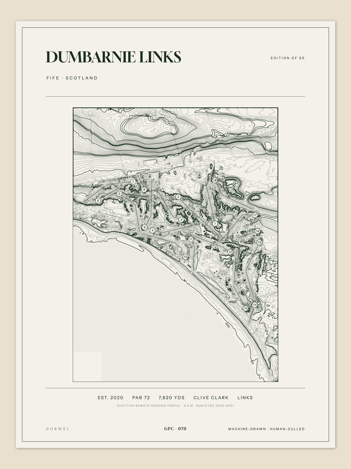 Dumbarnie Links topographic golf course print — unframed sheet — Gorwel Print Co